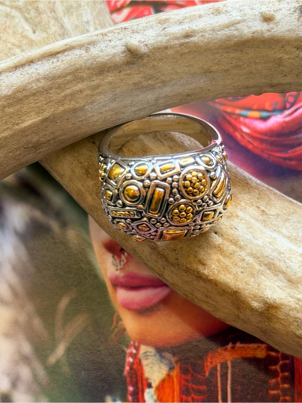 Boho Two-Tone Wide Band Cocktail
Ring Geometric Mosaic Design